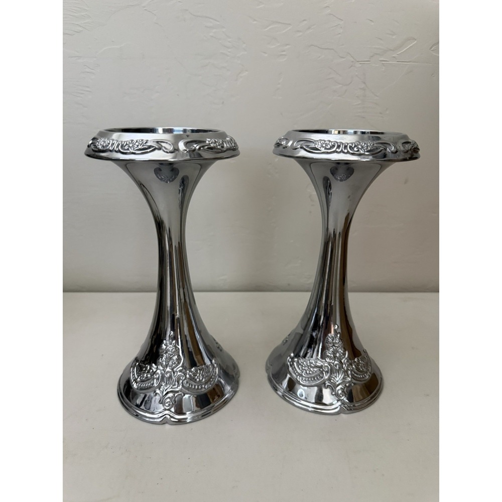 Vintage Baroque Style Cast Aluminum‎ Pillar Taper Embossed Candlesticks Pair